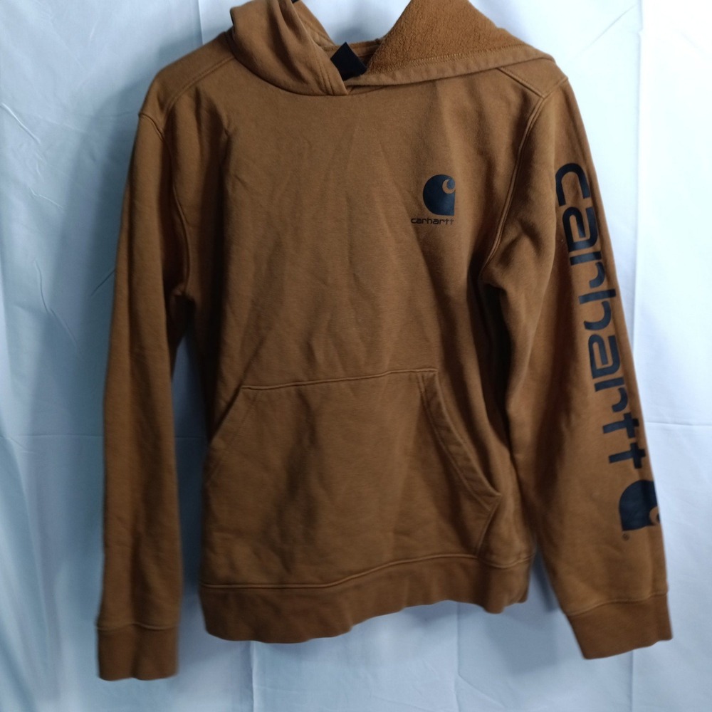 Carhartt Youth Large 14-16 Brown Pullover Hoodie Sleeve Logo Sweatshirt